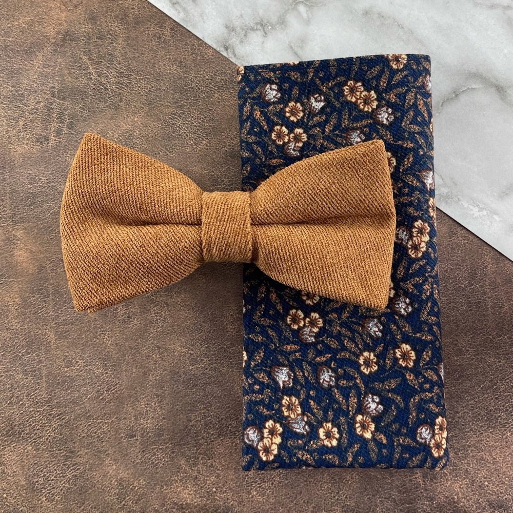 Men’s Camel Tan Velour Bow Tie with Navy Rustic Floral Pocket Square